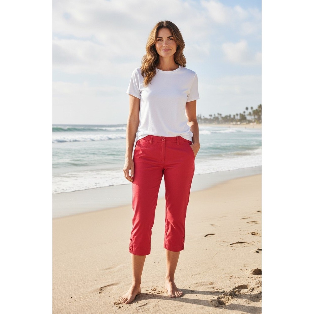 Talbots Perfect Skimmer Red Cropped Pants Petite 6P Button Hem‎ Capri Stretch
